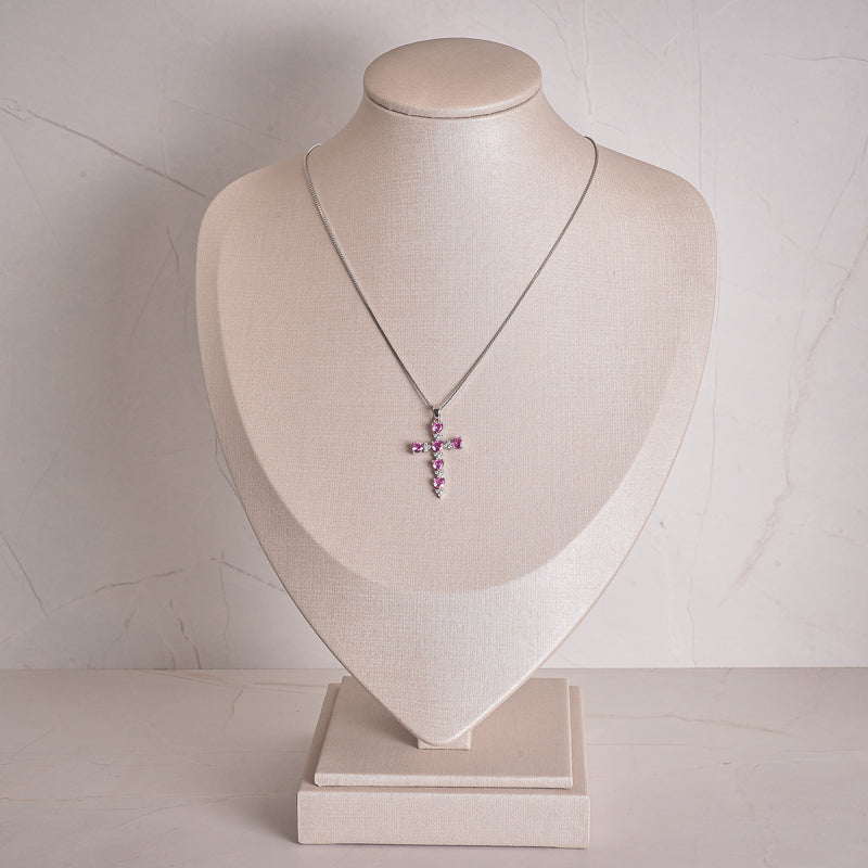 Colar crucifixo pink e cristal prata 925