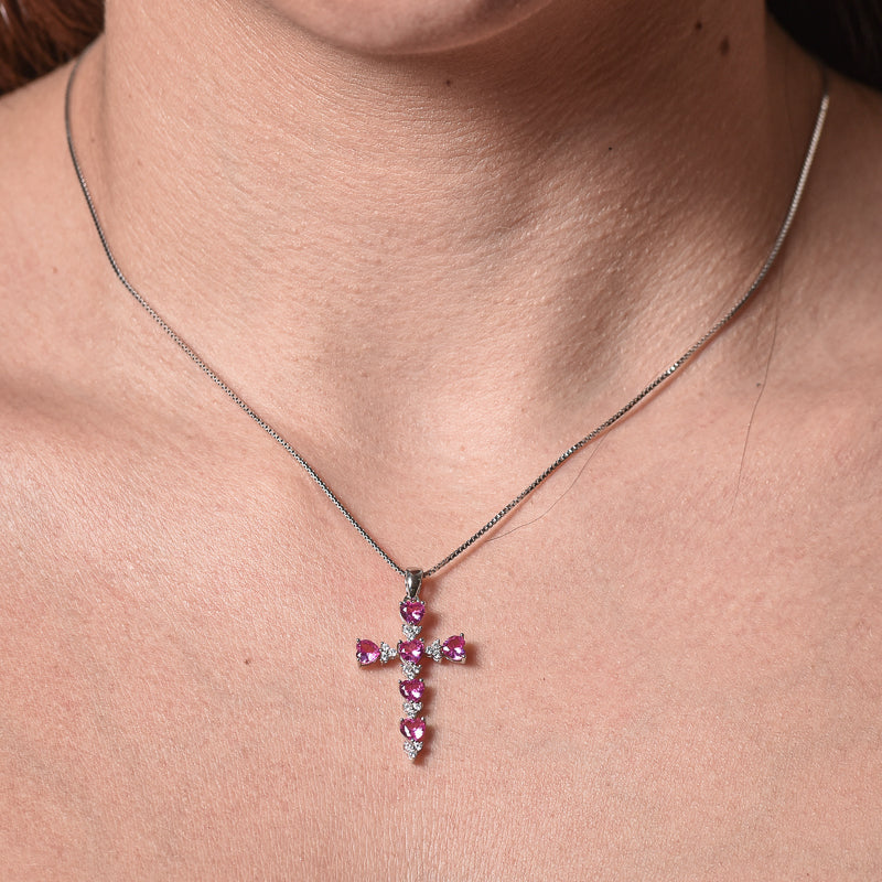 Colar crucifixo pink e cristal prata 925