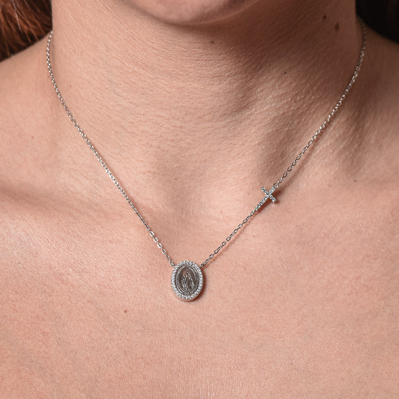 Colar medalha N. S. Das Graças com crucifixo cravejado prata 925