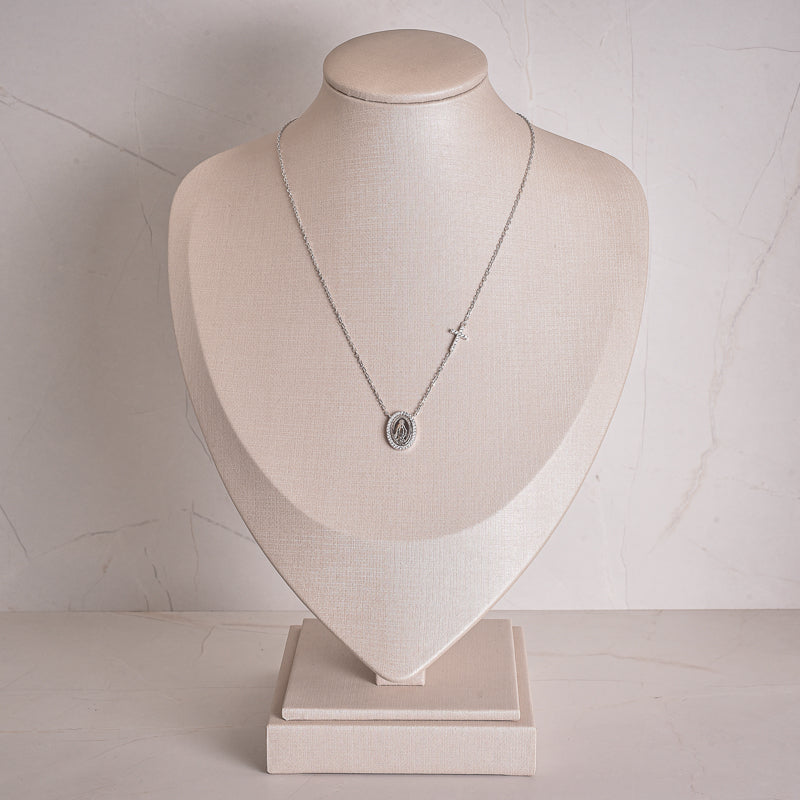Colar medalha N. S. Das Graças com crucifixo cravejado prata 925